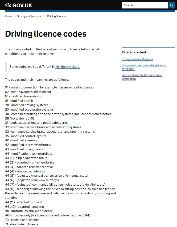 Driver Licence Codes